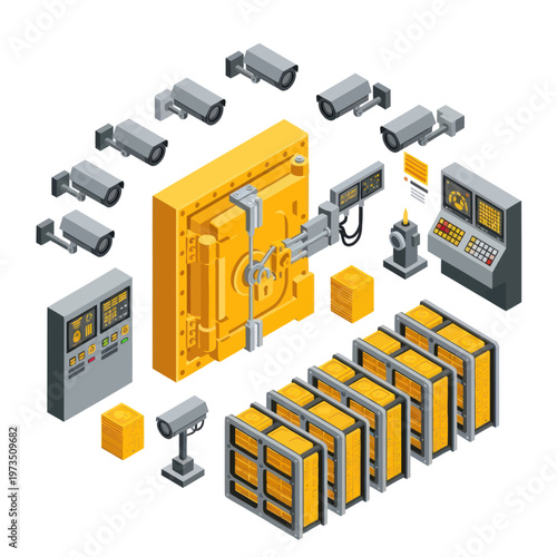 Isometric Bank Vault Security System with Cameras and Control Panels.