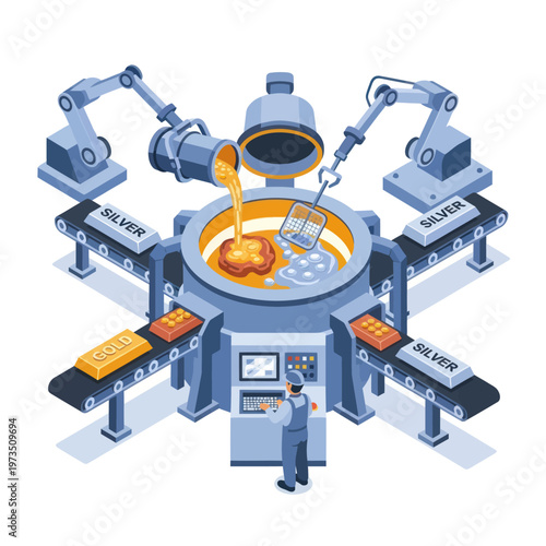 Automated Metal Production - Robotic Arms Pouring Molten Metal in Factory.