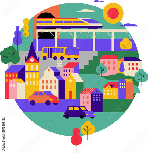 Colorful Smart City Concept Illustration. Modern Cityscape with People, Transportation, and Buildings