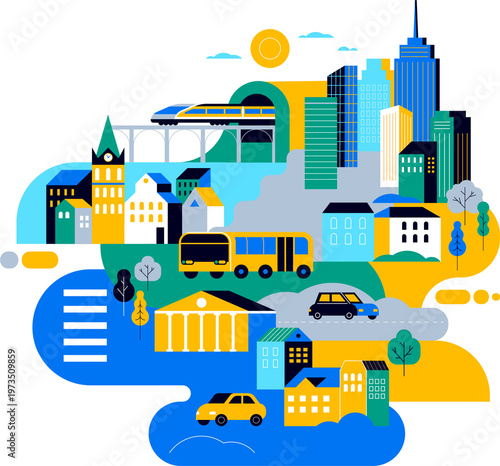 Smart City Concept Illustration. Modern Cityscape with People, Transportation, and Skyscrapers.