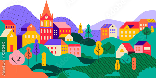 Colorful Countryside Landscape Illustration. Scenic Village with Hills, Trees, and Traditional Houses.
