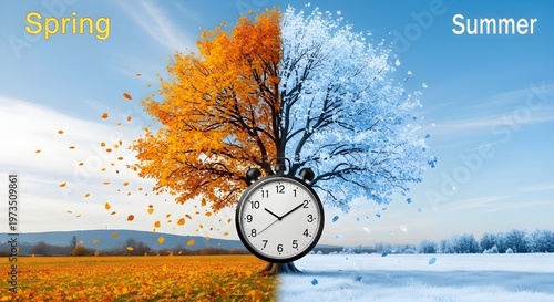 A conceptual split view of changing seasons featuring a tree and an alarm clock in the center.