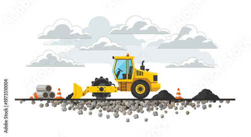 A heavy yellow road roller compacts a layer of gray gravel on a construction site featuring asphalt piles and orange traffic cones under clouds.