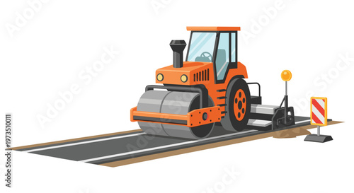A vibrant orange road roller meticulously paves a fresh black asphalt surface on a new highway section featuring a striped warning sign and signal.
