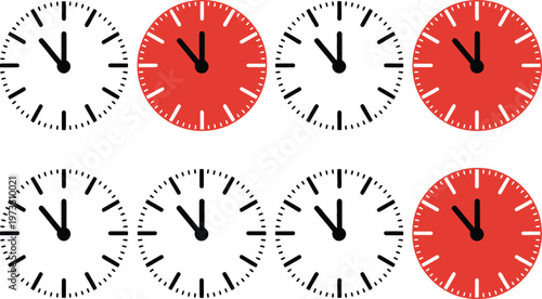 Multiple Clocks Displaying Almost 11 O'Clock, Some with Red Faces