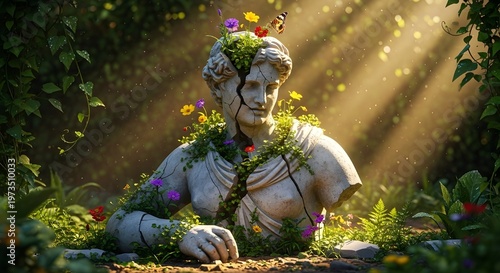 A weathered stone statue of a classical figure surrounded by vibrant flowers and lush greenery