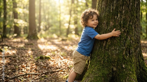 A young child with curly hair hugging a mossy tree trunk in a sunlit forest
