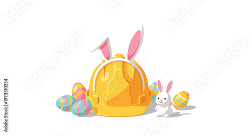 A bright yellow industrial safety helmet adorned with playful pink bunny ears sits among several vibrant striped Easter eggs and a cute white rabbit.