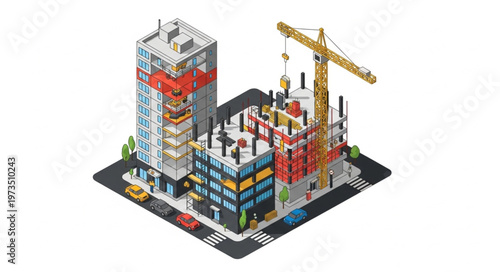 Urban Construction Site With Crane And Highrise Building.