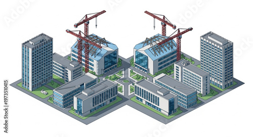 Urban construction site with cranes and modern buildings.