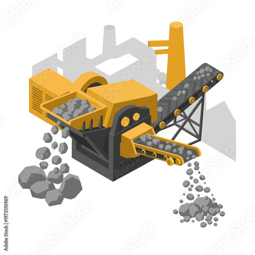 Isometric View of a Rock Crusher Machine Processing Rocks.