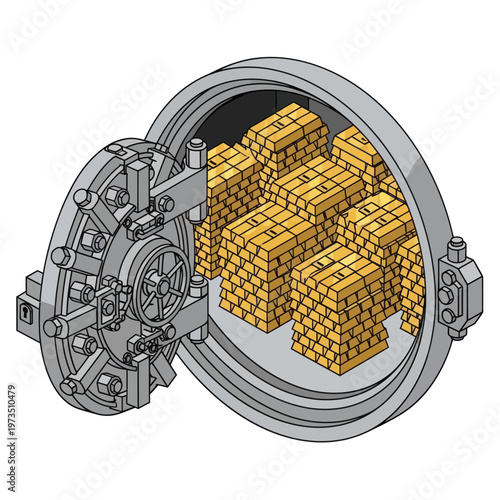 Vault Door Open Revealing Stacks of Gold Bars Inside.
