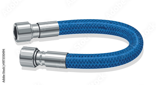 A flexible industrial blue braided hose with a distinct diamond mesh texture and polished silver metallic fittings is curved into a perfect U-shape form.