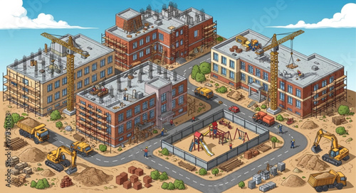 Urban construction site with multiple buildings cranes and scaffolding.