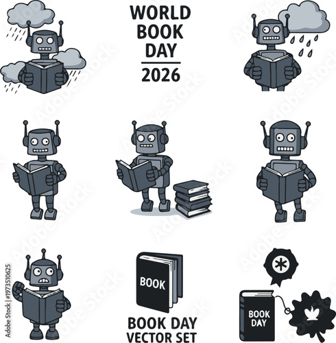 World Book Day 2026 Robot Character Set, Cute Android Reading Books Vector Illustration