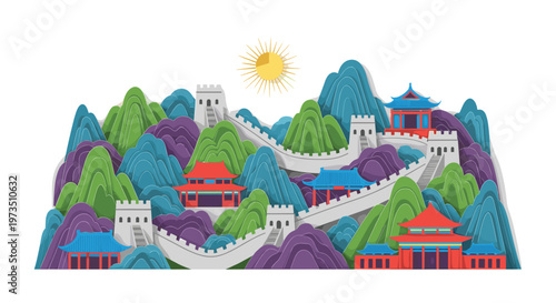 A dense and colorful illustration features the Great Wall of China with numerous watchtowers and red pagodas winding through steep green and purple mountain peaks.