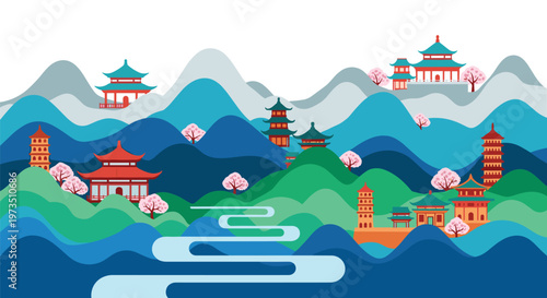 A vibrant and stylized landscape illustration showcases traditional red pagodas nestled among layered blue mountains and blooming pink cherry blossom trees.