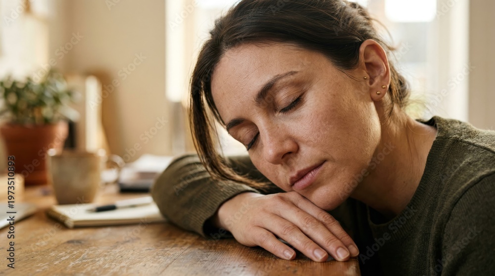 Obraz premium Tired woman resting head on table at home, emotional fatigue and burnout concept