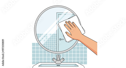 A clean human hand meticulously wipes a large circular bathroom mirror using a soft white cloth against a backdrop of light blue tiled walls in a modern home.