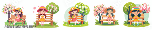 Vector of a little boy sitting on a park bench drinking orange juice in spring