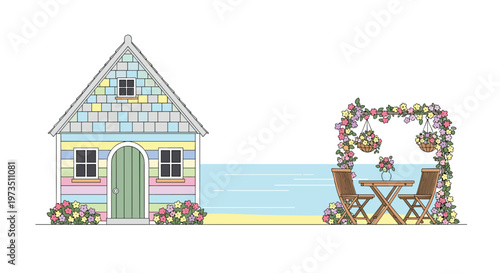 An intricate shingle-roofed coastal cottage is positioned next to a vibrant floral archway that frames a charming wooden dining area on a sunny sandy beach.