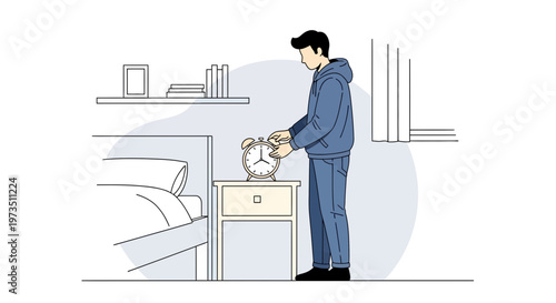 Man waking up and turning off alarm clock in bedroom, morning routine