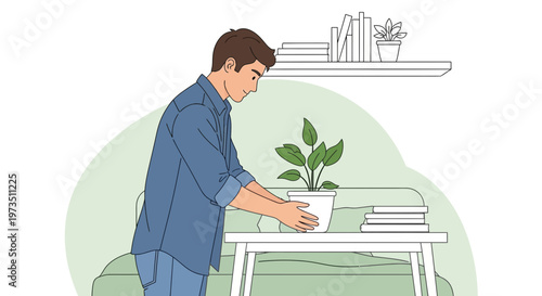 Man tending to a potted plant on a table, home decor and lifestyle