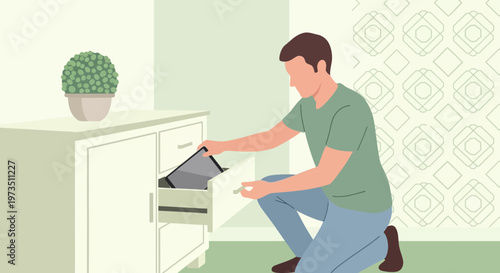 Man storing tablet in drawer of white cabinet, home interior, organized storage