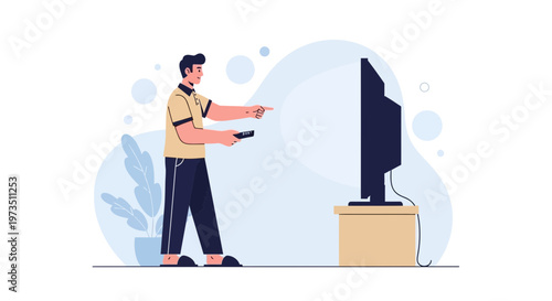 Man with remote control watching TV at home, leisure time, modern illustration