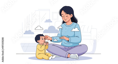 Mother and Baby Meditating Together, Peaceful Family Moment, Serene Clouds Background