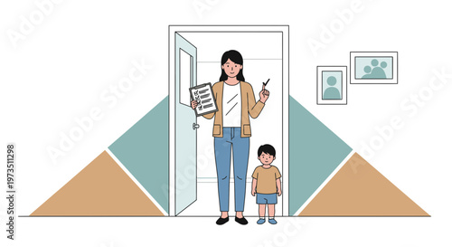 Mother and child at open door, checklist in hand, welcoming visitors or leaving home