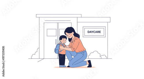 Mother comforting child at daycare entrance, emotional goodbye, start of school