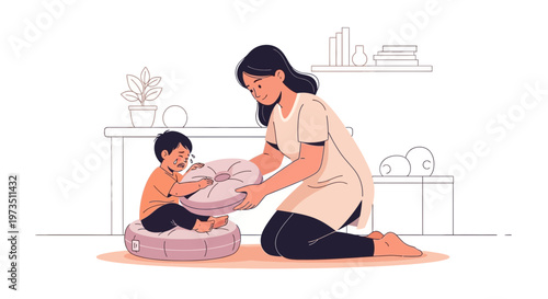 Mother comforts crying child, offering a pillow, home interior, parenting, emotional support
