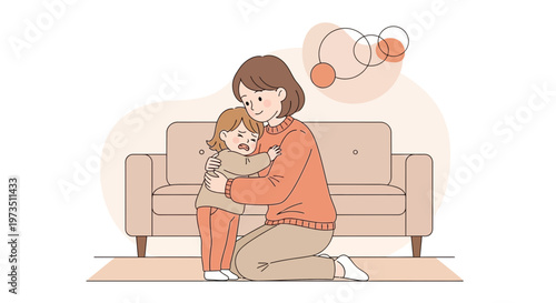 Mother comforting crying child on sofa, empathy, support, family love, emotional connection