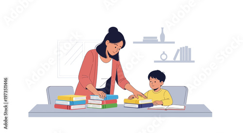 Mother helping son with homework, reading books together at home, education concept