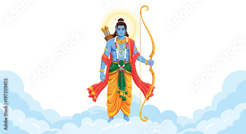 The blue-skinned deity Lord Rama stands gracefully amidst fluffy white clouds while holding an ornate golden bow and wearing vibrant traditional saffron robes.