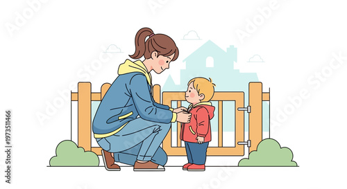 Mother helps child get ready to go outside, outdoor play, family bonding