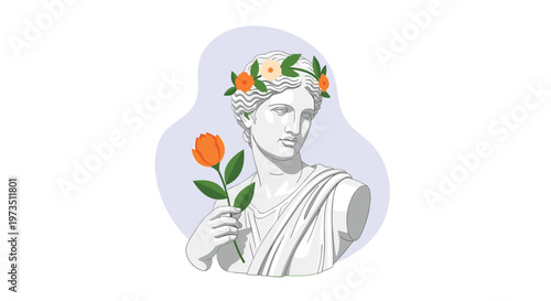 A sophisticated white marble female sculpture bust wears a decorative floral headpiece and grasps a blooming orange tulip against a soft lavender backdrop.