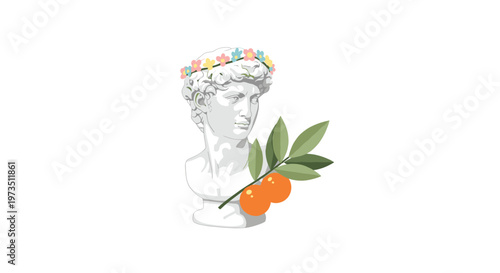 A meticulous classical white marble David sculpture bust adorned with a delicate pastel flower crown stands beside a vibrant orange fruit branch on white.