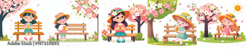 Vector of a little boy sitting on a park bench drinking orange juice in spring