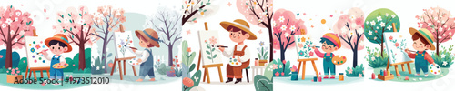 vector of a little boy painting outside in spring