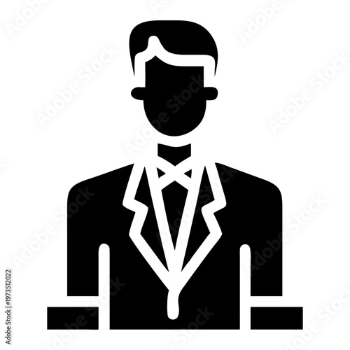 Formal Attire Icon: A sleek, minimalistic icon portrays a figure of person wearing a stylish, impeccably tailored formal wear suit, ready to leave an elegant impression.