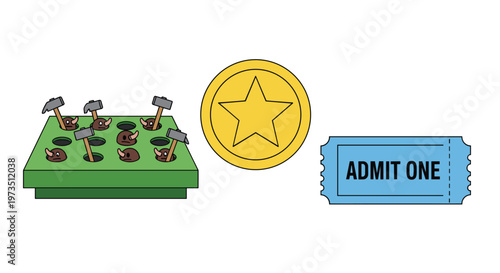 A vibrant green whack-a-mole arcade machine stands beside a gleaming golden star coin and a classic blue perforated paper ticket for carnival fun excitement.