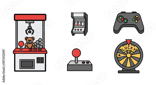 A diverse collection of colorful arcade icons features a red claw machine with a teddy bear alongside a slot machine and a lucky spinning wheel gaming.