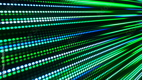Rapid movement of glowing digital lines composed of green and blue neon dots. A sense of speed and directional flow permeates the virtual space. Vector.
