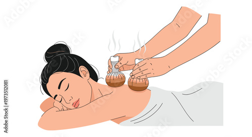 Two skilled hands firmly grip steaming brown-stained herbal compresses to deliver a targeted therapeutic massage onto the neck and shoulders of a resting woman.