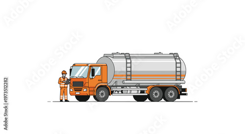 A diligent industrial worker in high-visibility orange clothing stands beside a massive orange and silver fuel tanker truck parked on a clean white background.