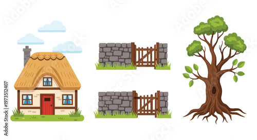 A comprehensive set of rural elements including a charming thatched-roof house, two stone wall sections with wooden gates, and a leafy deciduous tree.