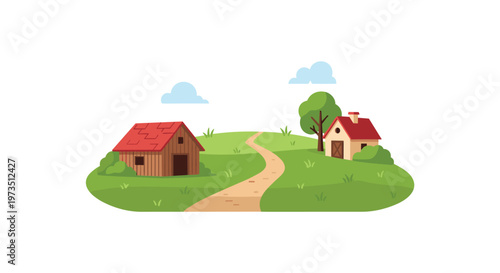A peaceful and idyllic rural landscape featuring two small red-roofed buildings nestled on rolling green hills under a clear blue sky with soft clouds