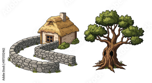 A rustic thatched-roof cottage accompanied by a winding stone wall and a large gnarled deciduous tree standing prominently against a clean white floor